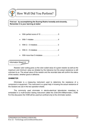 CONSUMER ELECTRONICS SERVICING 39
K to 12 – Technology and Livelihood Education
 With perfect score of 10 ………………………….5
 With 1 mistake …………………………………….4
 With 2 – 3 mistakes……………………………… 3
 With 4 – 5 mistakes ………………………………2
 With more than 5 mistakes ………………………1
Resistor color coding gives us the color coded value of a given resistor as well as the
maximum and minimum value as dictated by the tolerance but the actual resistance is still
unknown to us. The actual value of the resistor and the recorded data will confirm the status
of the resistor, whether good or defective.
OHMMETER
Ohmmeter is a measuring instrument used to determine the resistance of a
component or equipment. This instrument is a great help in knowing the actual resistance of
the resistors we use in the two operation sheets.
The commonly used ohmmeter in electro-electrical laboratories nowadays is
embedded in a multi-function testing instrument called the (Volt-Ohm-Milliammeter ) VOM.
For this discussion the VOM will be used but confined only to the ohmmeter section.
How Well Did You Perform?
Find out by accomplishing the Scoring Rubric honestly and sincerely.
Remember it is your learning at stake!
Information Sheet 2.2
 
