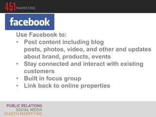 Use Facebook to:
• Post content including blog
  posts, photos, video, and other and updates
  about brand, products, events
• Stay connected and interact with existing
  customers
• Built in focus group
• Link back to online properties
 