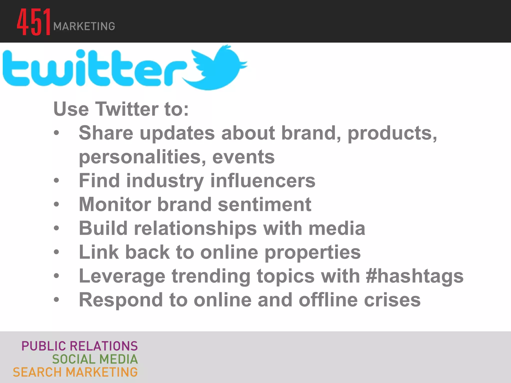 Use Twitter to:
• Share updates about brand, products,
  personalities, events
• Find industry influencers
• Monitor brand sentiment
• Build relationships with media
• Link back to online properties
• Leverage trending topics with #hashtags
• Respond to online and offline crises
 