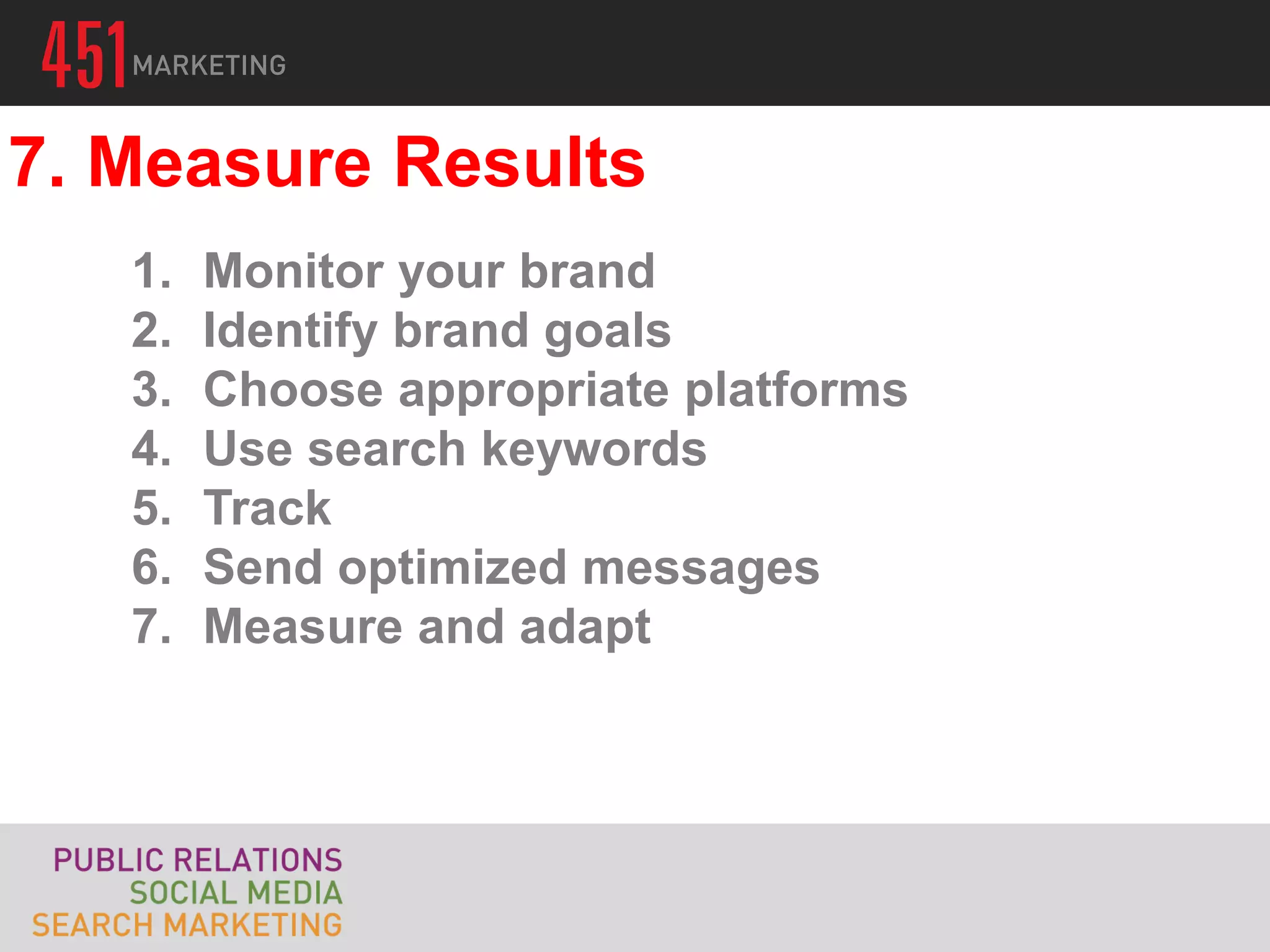 7. Measure Results
   1.   Monitor your brand
   2.   Identify brand goals
   3.   Choose appropriate platforms
   4.   Use search keywords
   5.   Track
   6.   Send optimized messages
   7.   Measure and adapt
 