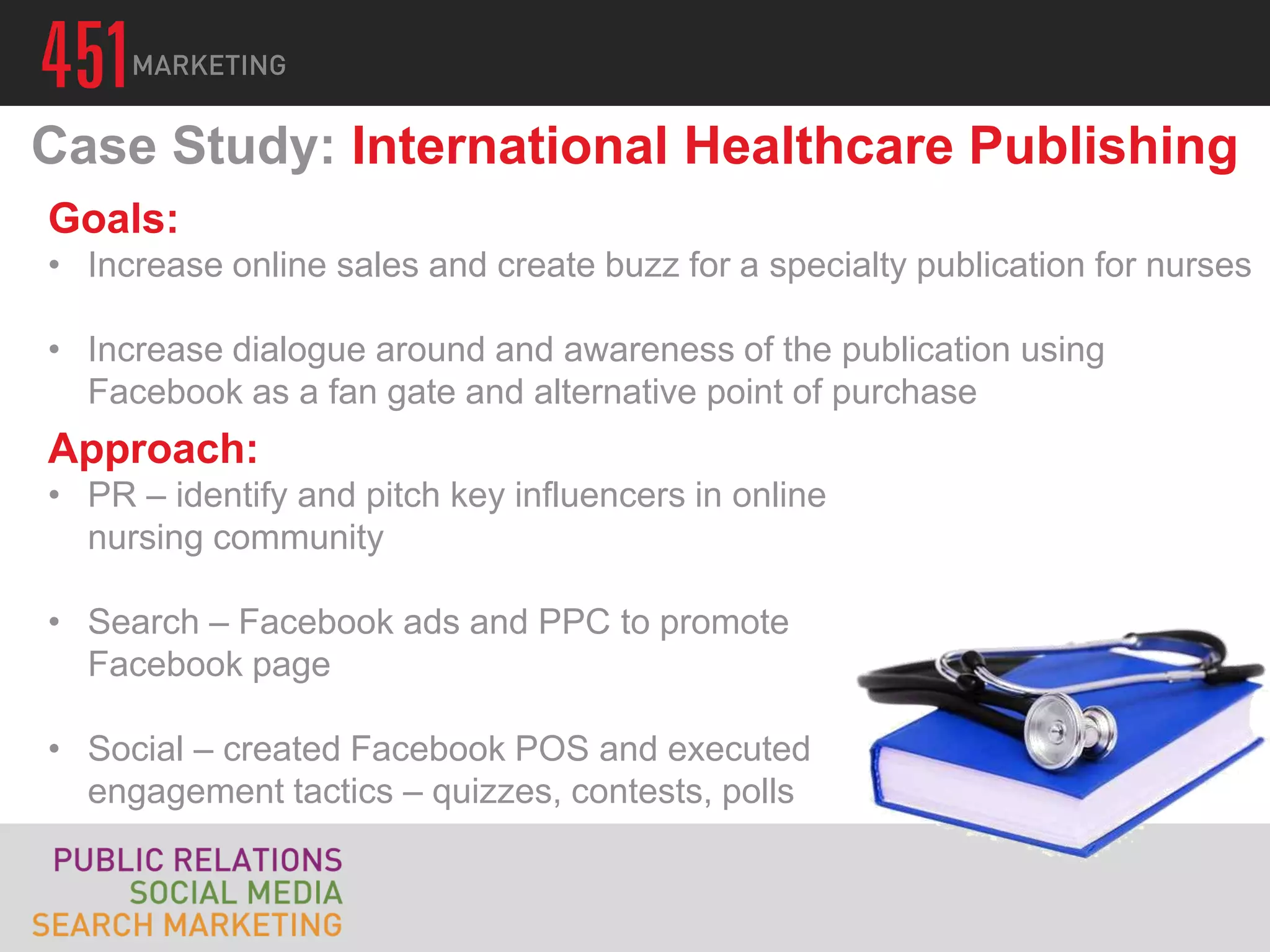 Case Study: International Healthcare Publishing
Goals:
• Increase online sales and create buzz for a specialty publication for nurses

• Increase dialogue around and awareness of the publication using
  Facebook as a fan gate and alternative point of purchase
Approach:
• PR – identify and pitch key influencers in online
  nursing community

• Search – Facebook ads and PPC to promote
  Facebook page

• Social – created Facebook POS and executed
  engagement tactics – quizzes, contests, polls
 