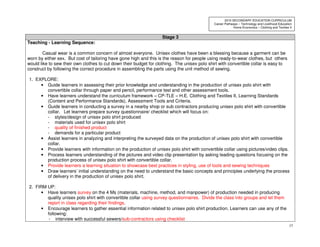 15
2010 SECONDARY EDUCATION CURRICULUM
Career Pathways – Technology and Livelihood Education
Home Economics – Clothing and Textiles II
Stage 3
Teaching - Learning Sequence:
Casual wear is a common concern of almost everyone. Unisex clothes have been a blessing because a garment can be
worn by either sex. But cost of tailoring have gone high and this is the reason for people using ready-to-wear clothes, but others
would like to sew their own clothes to cut down their budget for clothing. The unisex polo shirt with convertible collar is easy to
construct by following the correct procedure in assembling the parts using the unit method of sewing.
1. EXPLORE:
• Guide learners in assessing their prior knowledge and understanding in the production of unisex polo shirt with
convertible collar through paper and pencil, performance test and other assessment tools.
• Have learners understand the curriculum framework – CP-TLE – H.E. Clothing and Textiles II, Learning Standards
(Content and Performance Standards), Assessment Tools and Criteria.
• Guide learners in conducting a survey in a nearby shop or sub contractors producing unisex polo shirt with convertible
collar. Let learners prepare survey questionnaire/ checklist which will focus on:
- styles/design of unisex polo shirt produced
- materials used for unisex polo shirt
- quality of finished product
- demands for a particular product
• Assist learners in analyzing and interpreting the surveyed data on the production of unisex polo shirt with convertible
collar.
• Provide learners with information on the production of unisex polo shirt with convertible collar using pictures/video clips.
• Process learners understanding of the pictures and video clip presentation by asking leading questions focusing on the
production process of unisex polo shirt with convertible collar.
• Provide learners a learning situation to showcase best practices in styling, use of tools and sewing techniques
• Draw learners’ initial understanding on the need to understand the basic concepts and principles underlying the process
of delivery in the production of unisex polo shirt.
2. FIRM UP:
• Have learners survey on the 4 Ms (materials, machine, method, and manpower) of production needed in producing
quality unisex polo shirt with convertible collar using survey questionnaires. Divide the class into groups and let them
report in class regarding their findings.
• Encourage learners to gather essential information related to unisex polo shirt production. Learners can use any of the
following:
- interview with successful sewers/sub-contractors using checklist
 