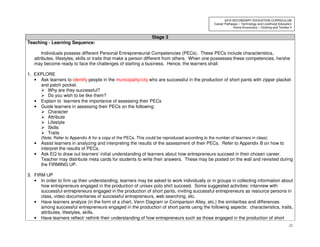 21
2010 SECONDARY EDUCATION CURRICULUM
Career Pathways – Technology and Livelihood Education
Home Economics – Clothing and Textiles II
Stage 3
Teaching - Learning Sequence:
Individuals possess different Personal Entrepreneurial Competencies (PECs). These PECs include characteristics,
attributes, lifestyles, skills or traits that make a person different from others. When one possesses these competencies, he/she
may become ready to face the challenges of starting a business. Hence, the learners shall:
1. EXPLORE
• Ask learners to identify people in the municipality/city who are successful in the production of short pants with zipper placket
and patch pocket.
Why are they successful?
Do you wish to be like them?
• Explain to learners the importance of assessing their PECs
• Guide learners in assessing their PECs on the following:
Character
Attribute
Lifestyle
Skills
Traits
(Note: Refer to Appendix A for a copy of the PECs. This could be reproduced according to the number of learners in class)
• Assist learners in analyzing and interpreting the results of the assessment of their PECs. Refer to Appendix B on how to
interpret the results of PECs.
• Ask EQ to draw out learners’ initial understanding of learners about how entrepreneurs succeed in their chosen career.
Teacher may distribute meta cards for students to write their answers. These may be posted on the wall and revisited during
the FIRMING UP.
3. FIRM UP
• In order to firm up their understanding, learners may be asked to work individually or in groups in collecting information about
how entrepreneurs engaged in the production of unisex polo shirt succeed. Some suggested activities: interview with
successful entrepreneurs engaged in the production of short pants, inviting successful entrepreneurs as resource persons in
class, video documentaries of successful entrepreneurs, web searching, etc.
• Have learners analyze (in the form of a chart, Venn Diagram or Comparison Alley, etc.) the similarities and differences
among successful entrepreneurs engaged in the production of short pants using the following aspects: characteristics, traits,
attributes, lifestyles, skills.
• Have learners reflect/ rethink their understanding of how entrepreneurs such as those engaged in the production of short
 