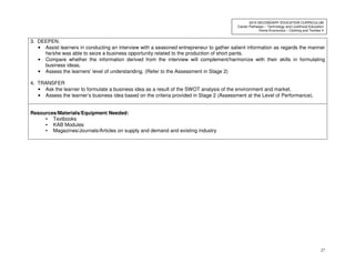 27
2010 SECONDARY EDUCATION CURRICULUM
Career Pathways – Technology and Livelihood Education
Home Economics – Clothing and Textiles II
3. DEEPEN.
• Assist learners in conducting an interview with a seasoned entrepreneur to gather salient information as regards the manner
he/she was able to seize a business opportunity related to the production of short pants.
• Compare whether the information derived from the interview will complement/harmonize with their skills in formulating
business ideas.
• Assess the learners’ level of understanding. (Refer to the Assessment in Stage 2)
4. TRANSFER
• Ask the learner to formulate a business idea as a result of the SWOT analysis of the environment and market.
• Assess the learner’s business idea based on the criteria provided in Stage 2 (Assessment at the Level of Performance).
Resources/Materials/Equipment Needed:
• Textbooks
• KAB Modules
• Magazines/Journals/Articles on supply and demand and existing industry
 