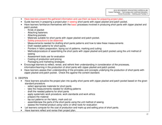 32
2010 SECONDARY EDUCATION CURRICULUM
Career Pathways – Technology and Livelihood Education
Home Economics – Clothing and Textiles II
• Have learners present the gathered information and use them as basis for preparing project plan.
• Guide learners in preparing a project plan in sewing short pants with zipper placket and patch pocket.
• Have learners familiarize themselves with the basic processes involved in producing short pants with zipper placket and
patch pocket.
- Kinds of placket
- Attaching fasteners
- Attaching pockets
- Materials suitable for short pants with zipper placket and patch pocket.
- Safety precautions to be observed
- Measurements needed for drafting short pants patterns and how to take these measurements
- Draft needed patterns for short pants.
- Pointers in fabric preparation, laying out of patterns, marking and cutting
- Methods/procedure of assembling the short parts with zipper placket and patch pocket using the unit method of
sewing
- Assessment tools use for evaluation
- Costing of production and pricing
- Packaging and marketing strategies
• Encourage learners to reflect, revise, and rethink their understanding in consideration of the processes,
information/learning in the production of short pants with zipper placket and patch pocket.
• Have learners assess their understanding of the principles and concepts underlying the production of short pants with
zipper placket and patch pocket. Check this against the content standard.
3. DEEPEN
• Have learners actualize the project plan into quality short pants with zipper placket and patch pocket based on the given
standard procedure.
- select appropriate materials for short pants
- take the measurements needed for drafting patterns
- draft the needed patterns for short pants
- apply systematic work procedure, work standards and work ethics
- prepare the material
- lay-out patterns on the fabric, mark and cut
- assemble/sew the parts of the short pants using the unit method of sewing
- assess the finished product using rubric or other tools for evaluation
• Let learners compute for the cost of production and mark-up and selling price of short pants.
• Have learners reflect and revise their project plan.
 