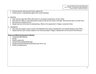 55
2010 SECONDARY EDUCATION CURRICULUM
Career Pathways – Technology and Livelihood Education
Home Economics – Clothing and Textiles II
• Process learners learning and check it against EU.
• Check learners’ understanding against the content standard.
3. DEEPEN
• Have learners align their PECs with those of a successful entrepreneur of their choice.
• Have learners reflect on their development areas as well as their areas of strength. Ask what they plan to do with them.
• Ask learners to express the EU.
• Assess learners at the level of understanding. (Refer to the assessment in Stage 2 using the 6 EUs)
4. TRANSFER
• Have learners prepare a plan of action that addresses their areas of development and strength based on their PECs.
• Assess learners’ plan of action based on the criteria provided in Stage 2 (Assessment at the Level of Performance).
Resources/Materials/Equipment Needed
• Textbooks/KAB Modules
• Scripts
• Graphic organizers
• Charts/Pictures/Video/Multimedia
• Questionnaires/Checklists/Handouts/Survey Forms, etc.
• Profile of entrepreneurs
 
