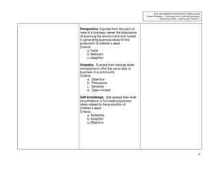 58
2010 SECONDARY EDUCATION CURRICULUM
Career Pathways – Technology and Livelihood Education
Home Economics – Clothing and Textiles II
Perspective: Express from the point of
view of a business owner the importance
of scanning the environment and market
in generating business ideas for the
production of children’s wear.
Criteria:
a. Valid
b. Relevant
c. Insightful
Empathy: Express their feelings when
entrepreneurs offer the same type of
business in a community.
Criteria:
a. Objective
b. Persuasive
c. Sensitive
d. Open-minded
Self-knowledge: Self-assess their level
of confidence in formulating business
ideas related to the production of
children’s wear.
Criteria:
a. Reflective
b. Insightful
c. Objective
 