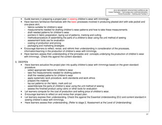 65
2010 SECONDARY EDUCATION CURRICULUM
Career Pathways – Technology and Livelihood Education
Home Economics – Clothing and Textiles II
• Guide learners in preparing a project plan in sewing children’s wear with trimmings.
• Have learners familiarize themselves with the basic processes involved in producing pleated skirt with side pocket and
one-piece skirt.
- fabrics suitable for children’s wear
- measurements needed for drafting children’s wear patterns and how to take these measurements
- draft needed patterns for children’s wear
- pointers in fabric preparation, laying out of patterns, marking and cutting
- methods/procedure of assembling the parts of a children’s wear using the unit method of sewing
- assessment tools use for evaluation
- costing of production and pricing
- packaging and marketing strategies
• Encourage learners to reflect, revise, and rethink their understanding in consideration of the processes,
information/learning in the production of children’s wear with trimmings.
• Have learners assess their understanding of the principles and concepts underlying the production of children’s wear
with trimmings. Check this against the content standard.
3. DEEPEN
• Have learners actualize the project plan into quality children’s wear with trimmings based on the given standard
procedure.
- select appropriate fabrics for children’s wear
- take the measurements needed for drafting patterns
- draft the needed patterns for children’s wear
- apply systematic work procedure, work standards and work ethics
- prepare the material
- lay-out patterns on the fabric, mark and cut
- assemble/sew the parts of children’s wear using the unit method of sewing
- assess the finished product using rubric or other tools for evaluation
• Let learners compute for the cost of production and selling price of children’s wear.
• Encourage learners to reflect on and revise their project plan.
• Let learners express their understanding. Check this against the Essential Understanding (EU) and content standard in
sewing children’s wear with trimmings.
• Have learners assess their understanding. (Refer to stage 2, Assessment at the Level of Understanding)
 