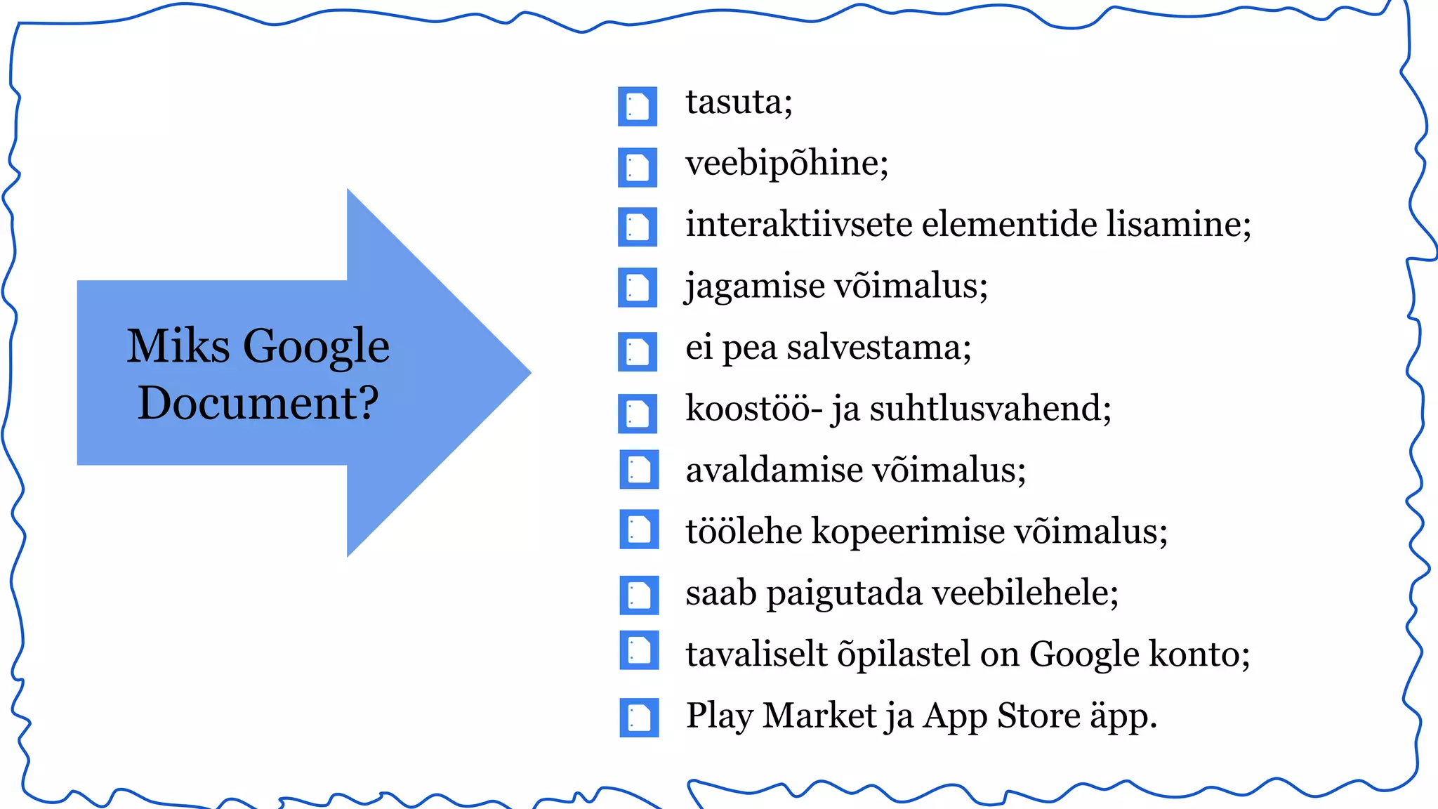 tasuta; 
veebipõhine; 
interaktiivsete elementide lisamine; 
jagamise võimalus; 
ei pea salvestama; 
koostöö- ja suhtlusvahend; 
avaldamise võimalus; 
töölehe kopeerimise võimalus; 
saab paigutada veebilehele; 
tavaliselt õpilastel on Google konto; 
Play Market ja App Store äpp. 
Miks Google 
Document? 
 