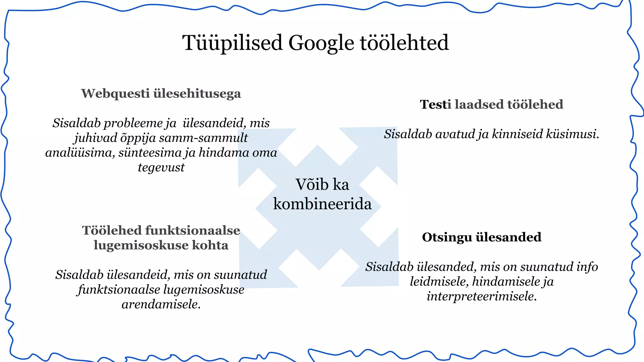 Tüüpilised Google töölehted 
Webquesti ülesehitusega 
Sisaldab probleeme ja ülesandeid, mis 
juhivad õppija samm-sammult 
analüüsima, sünteesima ja hindama oma 
tegevust 
Testi laadsed töölehed 
Sisaldab avatud ja kinniseid küsimusi. 
Töölehed funktsionaalse 
lugemisoskuse kohta 
Sisaldab ülesandeid, mis on suunatud 
funktsionaalse lugemisoskuse 
arendamisele. 
Otsingu ülesanded 
Sisaldab ülesanded, mis on suunatud info 
leidmisele, hindamisele ja 
interpreteerimisele. 
Võib ka 
kombineerida 
 