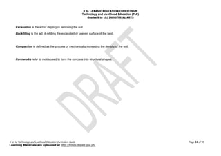 K to 12 BASIC EDUCATION CURRICULUM
Technology and Livelihood Education (TLE)
Grades 9 to 10/ INDUSTRIAL ARTS
K to 12 Technology and Livelihood Education Curriculum Guide Page 34 of 59
Learning Materials are uploaded at http://lrmds.deped.gov.ph.
Excavation is the act of digging or removing the soil.
Backfilling is the act of refilling the excavated or uneven surface of the land.
Compaction is defined as the process of mechanically increasing the density of the soil.
Formworks refer to molds used to form the concrete into structural shapes.
 