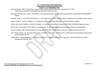 K to 12 BASIC EDUCATION CURRICULUM
Technology and Livelihood Education (TLE)
Grades 9 to 10/ INDUSTRIAL ARTS
K to 12 Technology and Livelihood Education Curriculum Guide Page 43 of 59
Learning Materials are uploaded at http://lrmds.deped.gov.ph.
Corp, CS Odessa. 1993. "Concept Draw." How to Create a Residential Plumbing Plan. Accessed July 19, 2022.
https://www.conceptdraw.com/helpdesk/how-to-draw-plumbing-floor-plan.
Descuatan, Roxane Love S. 2020. TLE GRADE 9 - Plumbing Specialization Course. Printed by Department of Education-SOCCSKSARGEN
Region.
Domingo, Jordan G., and Crizah Flor Domingo. n.d. Technology and Livelihood Education Series - Plumbing with Exploratory Course. Phoenix.
Hepler, Donald E., and Paul I. Wallach. n.d. Architecture: Drafting and Design-Fifth Edition. McGraw Hill Book Company.
Jefferis, Alan, David A Madsen, and David P. Madsen. n.d. Architectural Drafting and Design-Sixth Edition. DELMAR Cengage Learning.
Saif, M. 2021. The Engineer's Post. March 21. Accessed July 19, 2022. https://www.theengineerspost.com/dimensioning-systems/.
School, Plumbers. 2000. Plumbing Dictionary. Accessed July 19, 2022. http://plumbers-school.com/mod/glossary/view.php?id=30.
Team, Edraw Content. n.d. "Plumbing & Piping Plan Complete Guide." Edraw. Accessed July 19, 2022. https://www.edrawsoft.com/plumbing-
piping-design-guide.html.
TESDA. 2010. "Training Regulation for Technical Drafting NC II." Technical Drafting NC II. Taguig City: Technical Education and Skills
Development Authority, April.
 