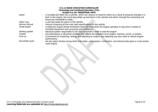 K to 12 BASIC EDUCATION CURRICULUM
Technology and Livelihood Education (TLE)
Grades 9 to 10/ INDUSTRIAL ARTS
K to 12 Technology and Livelihood Education Curriculum Guide Page 6 of 59
Learning Materials are uploaded at http://lrmds.deped.gov.ph.
piston
piston ring
service manual
small engine
starting system
trouble
tune-up
two-stroke cycle
- a movable part fitted into a cylinder, which can receive or transmit motion as a result of pressure changes in a
fluid. In the engine, the round plug slides up and down in the cylinder and which, through the connecting rod,
forces the crankshaft to rotate.
- a part that seals the piston to the cylinder.
- manual containing all the most used specifications for the vehicle.
- a stationary engine whose framework does not move when the engine operates. It may drive a variety of
immobile equipment such as pumps and generators.
- electrical system responsible to turn the crankshaft in order to start the engine
- any disturbance or abnormal condition that affects the operation of an engine, machine, circuit, or system.
- a procedure for inspecting, testing, and adjusting an engine, and replacing any worn parts to restore engine
performance.
- the two piston strokes during which fuel intake, compression, combustion, and exhaust take place in a two-stroke
cycle engine.
 