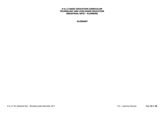 K to 12 BASIC EDUCATION CURRICULUM
TECHNOLOGY AND LIVELIHOOD EDUCATION
INDUSTRIAL ARTS – PLUMBING
K to 12 TLE Industrial Arts – Plumbing Guide December 2013 *LO – Learning Outcome Page 19 of 20
GLOSSARY
 