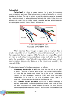 86
Twisted Pair
Twisted pair is a type of copper cabling that is used for telephone
communications and most Ethernet networks. A pair of wires forms a circuit
that transmits data. The pair is twisted to provide protection against crosstalk,
the noise generated by adjacent pairs of wires in the cable. Pairs of copper
wires are encased in color-coded plastic insulation and are twisted together.
An outer jacket protects the bundles of twisted pairs.
Source: www.lanshack.com
Figure 39. UTP and STP Cable
When electricity flows through a copper wire, a magnetic field is
created around the wire. A circuit has two wires, and in a circuit, the two wires
have oppositely-charged magnetic fields. When the two wires of the circuit
are next to each other, the magnetic fields cancel each other out. This is
called the cancellation effect. Without the cancellation effect, your network
communications become slow because of the interference caused by the
magnetic fields.
The two basic types of twisted-pair cables are as follows:
 Unshielded twisted pair (UTP) is the cable that has two or four pairs
of wires. This type of cable relies solely on the cancellation effect
produced by the twisted-wire pairs that limits signal degradation
caused by electromagnetic interface (EMI) and radio frequency
interference (RFI). UTP is the most commonly used cabling in
networks. UTP cables have a range of 328 feet (100 m).
 With shielded twisted pair (STP), each pair of wire is wrapped in
metallic foil to better shield the wires from noise. Four pairs of wires
are then wrapped in an overall metallic braid or foil. STP reduces
electrical noise from within the cable. It also reduces EMI and RFI from
 