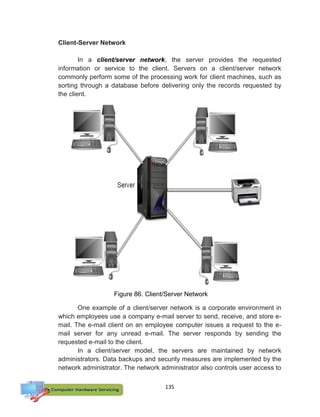 135
Client-Server Network
In a client/server network, the server provides the requested
information or service to the client. Servers on a client/server network
commonly perform some of the processing work for client machines, such as
sorting through a database before delivering only the records requested by
the client.
One example of a client/server network is a corporate environment in
which employees use a company e-mail server to send, receive, and store e-
mail. The e-mail client on an employee computer issues a request to the e-
mail server for any unread e-mail. The server responds by sending the
requested e-mail to the client.
In a client/server model, the servers are maintained by network
administrators. Data backups and security measures are implemented by the
network administrator. The network administrator also controls user access to
Figure 86. Client/Server Network
 