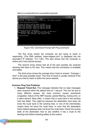 300
Figure Command Prompt Window
Here is a screenshot of a successful ping test:
The first arrow shows the computer we are trying to reach is
responding. (The DNS address "www.netgear.com" is displayed into the
equivalent IP address, 10.1.1.86.) This also shows that the computer is
online and it has Internet access.
The second arrow shows that all of the sent packets are received
showing that there is 0% loss. This means that the connection is available
and stable.
The third arrow shows the average time it took to answer. "Average =
0ms" is the best possible result. This kind of result is usually received if the
device you tried to reach is within the same network.
Common Ping Test Problems
1. Request Timed Out. This message indicates that no reply messages
were received within the default time of 1 second. This can be due to
many different causes; the most common causes arenetwork
congestion, failure of the ARP request, packet filtering, routing error, or
a silent discard. Most often, it means that a route back to the sending
host has failed. This might be because the destination host does not
know the route back to the sending host, or one of the intermediary
routers does not know the route back, or even that the destination
host's default gateway does not know the route back. Check the routing
table of the destination host to see whether it has a route to the
sending host before checking tables at the routers.
Figure 183. Command Prompt with Ping command
 