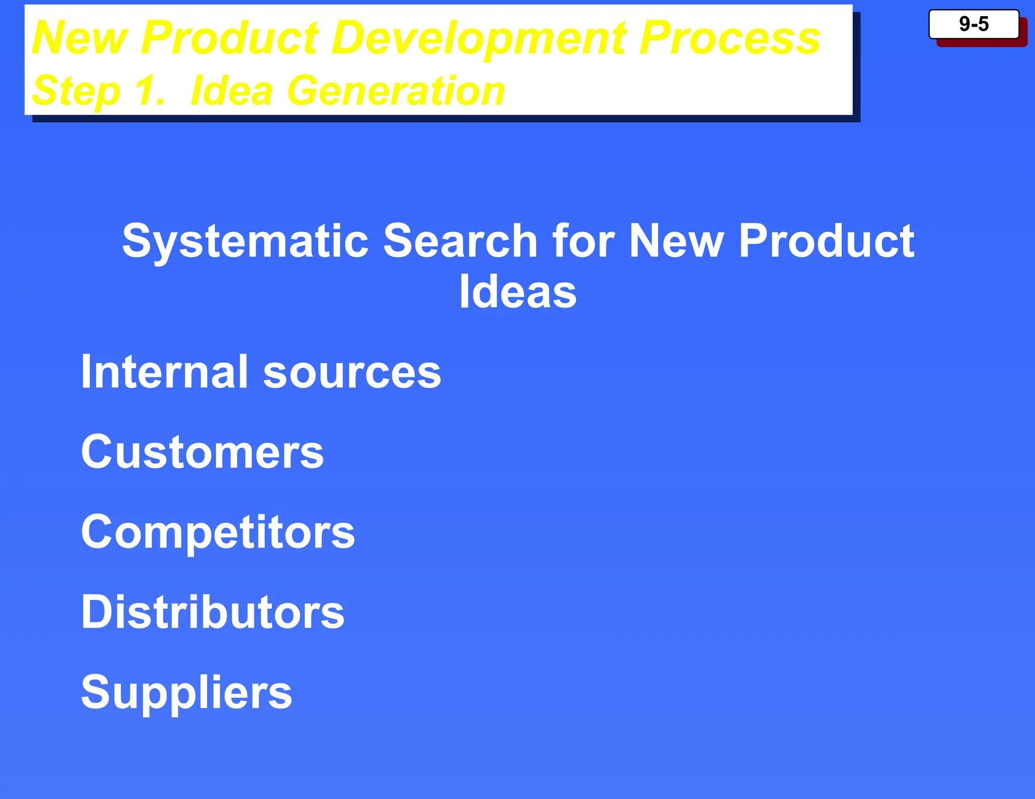 9-5
New Product Development Process
Step 1. Idea Generation
Systematic Search for New Product
Ideas
Internal sources
Customers
Competitors
Distributors
Suppliers
 