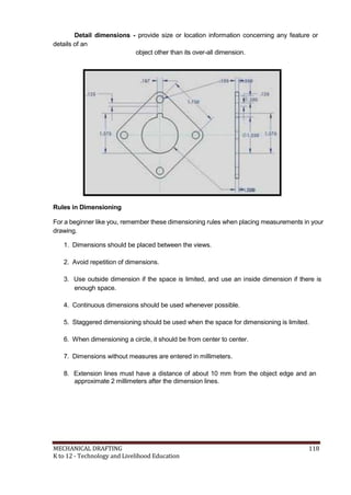 Detail dimensions - provide size or location information concerning any feature or
details of an
object other than its over-all dimension.
Rules in Dimensioning
For a beginner like you, remember these dimensioning rules when placing measurements in your
drawing.
1. Dimensions should be placed between the views.
2. Avoid repetition of dimensions.
3. Use outside dimension if the space is limited, and use an inside dimension if there is
enough space.
4. Continuous dimensions should be used whenever possible.
5. Staggered dimensioning should be used when the space for dimensioning is limited.
6. When dimensioning a circle, it should be from center to center.
7. Dimensions without measures are entered in millimeters.
8. Extension lines must have a distance of about 10 mm from the object edge and an
approximate 2 millimeters after the dimension lines.
MECHANICAL DRAFTING 118
K to 12 - Technology and Livelihood Education
 