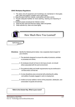 OSHC Workplace Regulations
1. The place and all equipment and furnishings are maintained in thoroughly
safe, clean and hygienic condition and in good repair.
2. Keep the place free from rodents, cockroaches and other vermin.
3. Provide adequate facilities for hand washing, cleaning and disposing of
waste.
4. Establish proper procedures for infection control.
5. Keep the floor area and free from waste, water and grease.
6. Keep cabinets dry, clean and close tightly.
How Much Have You Learned?
Self-Check 1.1
Directions: Identify the following terms below. Use a separate sheet of paper for
your answers.
__________ 1. The standards designed to ensure the safety of products, activities
or processes and others.
__________ 2. An employee should not have to risk injury at work, nor should
others associated with the work environment.
__________ 3. Occupational safety and health requirements may be reinforced in
civil law and/or criminal law.
__________ 4. A cross-disciplinary area concerned with protecting the safety,
and welfare of people engaged in work or employment.
__________ 5. It refers to human welfare in terms of the production, distribution, and
consumption of goods and services.
Refer to the Answer Key. What is your score?
MECHANICAL DRAFTING 137
K to 12 - Technology and Livelihood Education
 