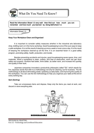 What Do You Need To Know?
Read the Information Sheet 1.3 very well then find out how much you can
remember and how much you learned by doing Self-check 1.3.
Information Sheet 1.3
Keep Your Workplace Clean and Organized
It is important to consider safety measures whether in the industrial arts laboratory
shop, drafting room or in the home workshop. Good housekeeping is one of the sure ways to keep
a safe workplace. It is not the result of cleaning up once a week or even once a day. It is the result
of keeping the workplace cleaned-up all the time. It is an essential factor in a good safety
program, promoting safety, health, production, and morale.
Besides preventing accidents and injuries, good housekeeping saves space, time, and
materials. When a workplace is clean, orderly, and free of obstruction, work can get done
safely and properly. Workers feel better, think better, do better work, and increase the quantity
and quality of their work.
Japanese companies innovated a productivity philosophy called "5S," which stands for
five Japanese words that refer to a methodology not only for cleaning, but for business. The 5S
methodology is all about eliminating waste, speeding up daily tasks, and improving the quality of
the workplace. You can use the 5S methodology to help you organize your tasks at the end of
every working day.
Seiri (Sorting)
Take out unnecessary items and dispose. Keep only the items you need at work, and
discard or store everything else.
BIODEGRADABLE DEGRADABLE
MECHANICAL DRAFTING 143
K to 12 - Technology and Livelihood Education
 