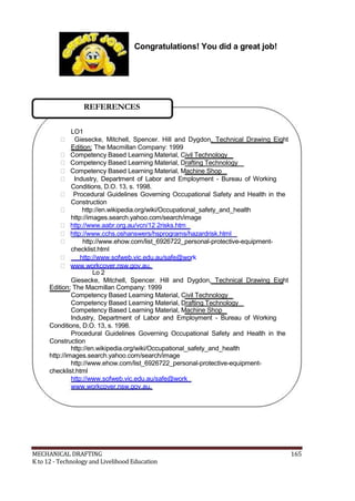 Congratulations! You did a great job!
REFERENCES
LO1
 Giesecke, Mitchell, Spencer. Hill and Dygdon, Technical Drawing Eight
Edition; The Macmillan Company: 1999
 Competency Based Learning Material, Civil Technology
 Competency Based Learning Material, Drafting Technology
 Competency Based Learning Material, Machine Shop
 Industry, Department of Labor and Employment - Bureau of Working
Conditions, D.O. 13, s. 1998.
 Procedural Guidelines Governing Occupational Safety and Health in the
Construction
 http://en.wikipedia.org/wiki/Occupational_safety_and_health
http://images.search.yahoo.com/search/image
 http://www.aabr.org.au/vcn/12 2risks.htm
 http://www.cchs.oshanswers/hsprograms/hazardrisk.html
 http://www.ehow.com/list_6926722_personal-protective-equipment-
checklist.html
 http://www.sofweb.vic.edu.au/safe@work
 www.workcover.nsw.gov.au.
Lo 2
Giesecke, Mitchell, Spencer. Hill and Dygdon, Technical Drawing Eight
Edition; The Macmillan Company: 1999
Competency Based Learning Material, Civil Technology
Competency Based Learning Material, Drafting Technology
Competency Based Learning Material, Machine Shop
Industry, Department of Labor and Employment - Bureau of Working
Conditions, D.O. 13, s. 1998.
Procedural Guidelines Governing Occupational Safety and Health in the
Construction
http://en.wikipedia.org/wiki/Occupational_safety_and_health
http://images.search.yahoo.com/search/image
http://www.ehow.com/list_6926722_personal-protective-equipment-
checklist.html
http://www.sofweb.vic.edu.au/safe@work
www.workcover.nsw.gov.au.
MECHANICAL DRAFTING 165
K to 12 - Technology and Livelihood Education
 
