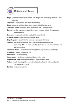 Definition of Terms
Angle - geometrical figure composed of two straight lines intersecting at one of their
extremities
Calculation - act or process of or result of calculating
Circle - closed curve where all points are equally distant from the center
Concentric circles - consist of two or more circles with a common center.
Decimal - number expressed in a counting system that uses units of 10, especially a
decimal fraction
Dimension - measurable extent of length, thickness and width
Eccentric circles - circles having no common center.
English system - scaled in inches where one foot equals 12 inches.
Formula - special kind of equation. It is a mathematical rule expressing the
relationship of two or more quantities by means of numerals, variables and
operating symbols
Geometric shapes - characterized by straight lines, regular curves, and angles
Graduation - scale of a measuring tool
Mensuration - act of measuring
Metric system - system of measurement based on the meter
Perpendicular lines - lines which make a 900
angle with each other
Radius - length of a straight line connecting the center of a circle with a point on the
circumference of a circle.
Standard - measure of reference
MECHANICAL DRAFTING 31
K to 12 - Technology and Livelihood Education
 