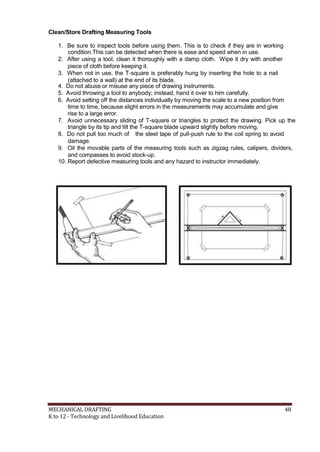 Clean/Store Drafting Measuring Tools
1. Be sure to inspect tools before using them. This is to check if they are in working
condition.This can be detected when there is ease and speed when in use.
2. After using a tool, clean it thoroughly with a damp cloth. Wipe it dry with another
piece of cloth before keeping it.
3. When not in use, the T-square is preferably hung by inserting the hole to a nail
(attached to a wall) at the end of its blade.
4. Do not abuse or misuse any piece of drawing instruments.
5. Avoid throwing a tool to anybody; instead, hand it over to him carefully.
6. Avoid setting off the distances individually by moving the scale to a new position from
time to time, because slight errors in the measurements may accumulate and give
rise to a large error.
7. Avoid unnecessary sliding of T-square or triangles to protect the drawing. Pick up the
triangle by its tip and tilt the T-square blade upward slightly before moving.
8. Do not pull too much of the steel tape of pull-push rule to the coil spring to avoid
damage.
9. Oil the movable parts of the measuring tools such as zigzag rules, calipers, dividers,
and compasses to avoid stock-up.
10. Report defective measuring tools and any hazard to instructor immediately.
MECHANICAL DRAFTING 48
K to 12 - Technology and Livelihood Education
 