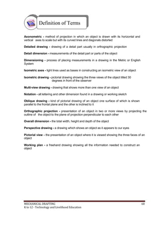 Definition of Terms
Axonometric - method of projection in which an object is drawn with its horizontal and
vertical axes to scale but with its curved lines and diagonals distorted
Detailed drawing - drawing of a detail part usually in orthographic projection
Detail dimension - measurements of the detail part or parts of the object
Dimensioning - process of placing measurements in a drawing in the Metric or English
System
Isometric axes - light lines used as bases in constructing an isometric view of an object
Isometric drawing - pictorial drawing showing the three views of the object tilted 30
degrees in front of the observer
Multi-view drawing - drawing that shows more than one view of an object
Notation - all lettering and other dimension found in a drawing or working sketch
Oblique drawing - kind of pictorial drawing of an object one surface of which is shown
parallel to the frontal plane and the other is inclined to it
Orthographic projection - presentation of an object in two or more views by projecting the
outline of the object to the plane of projection perpendicular to each other
Overall dimension - the total width, height and depth of the object
Perspective drawing - a drawing which shows an object as it appears to our eyes
Pictorial view - the presentation of an object where it is viewed showing the three faces of an
object
Working plan - a freehand drawing showing all the information needed to construct an
object
MECHANICAL DRAFTING 68
K to 12 - Technology and Livelihood Education
 