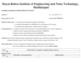 Rayat-Bahra Institute of Engineering and Nano Technology,
Hoshiarpur
Teaching, Learning & Evaluation Plan (for Lectures)
Semester: 5th
L: - 3 Lect/week T 1 P 2
Course Code:BTCS 602 Course Title: RDBMS-II
Objectives of the course: 1. To study the advanced database concepts and technologies.
2. To understand the applications of RDBMS-II and its advantages over File systems.
3. To understand the implementation of different Query Languages.
Learning Outcome: 1. To prepare the students to be in a position to use and design databases for a variety of applications.
2. Students are able to design the data models and Schemas in RDBMS-II.
3. Students are able to perform SQL and advanced OODDBMS.
4. Students are able to design and implement Computer based Systems using databases.
Textbook: Ramez Elmasri, Shamkant Navathe, Fundamentals of Database Systems, Fifth Edition, Pearson Education, 2007.
Abraham Silberschatz, Henry F. Korth, S. Sudarshan, Database System Concepts, Tata McGraw- Hill.
Other specific books: C.J. Date, An Introduction to Database Systems, Eighth Edition, Pearson Education.
Alexis Leon, Mathews Leon, Database Management Systems, Leon Press.Other readings:
S.No. Journal articles as compulsory readings (Complete reference)
1 Nil
Relevant websites:
S.No. Web address (Exact page address) Salient Features
1 Nil
 