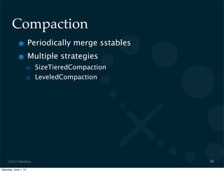 ©2012 DataStax
Compaction
• Periodically merge sstables
• Multiple strategies
• SizeTieredCompaction
• LeveledCompaction
26
Saturday, June 1, 13
 