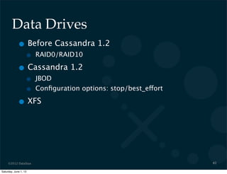 ©2012 DataStax
Data Drives
• Before Cassandra 1.2
• RAID0/RAID10
• Cassandra 1.2
• JBOD
• Conﬁguration options: stop/best_effort
• XFS
41
Saturday, June 1, 13
 