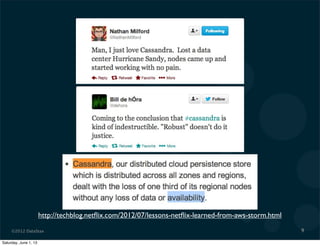 ©2012 DataStax 9
http://techblog.netﬂix.com/2012/07/lessons-netﬂix-learned-from-aws-storm.html
Saturday, June 1, 13
 