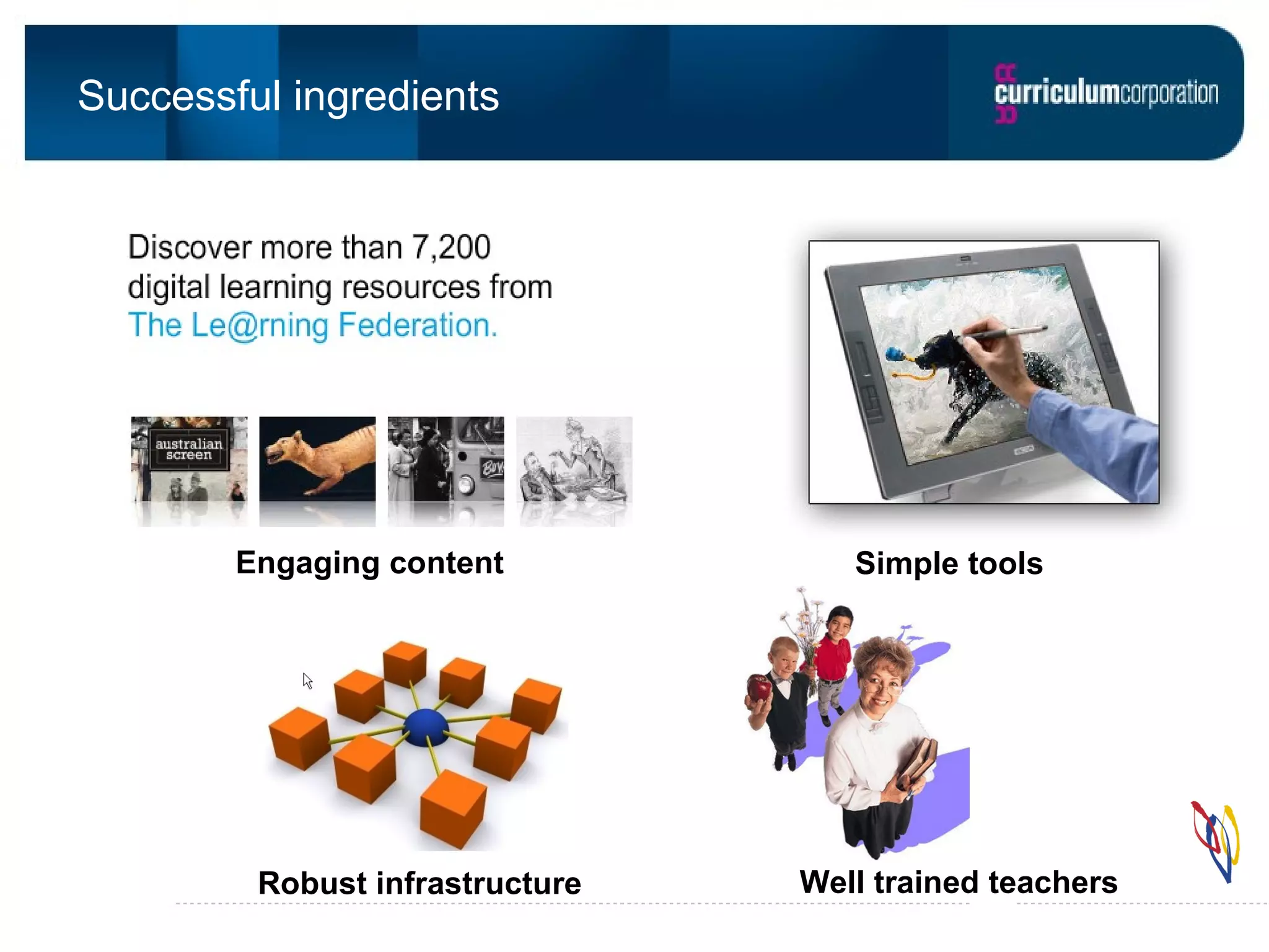 Successful ingredients Simple tools Engaging content Well trained teachers Robust infrastructure