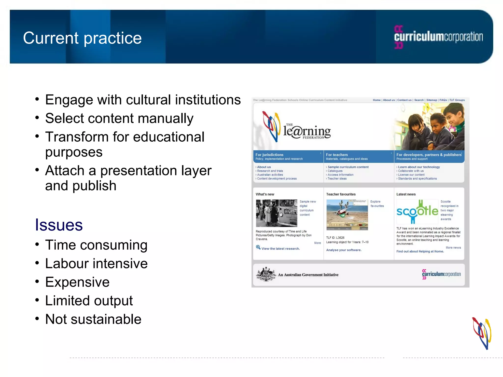 Current practice Engage with cultural institutions Select content manually Transform for educational purposes Attach a presentation layer and publish Issues Time consuming Labour intensive Expensive Limited output Not sustainable