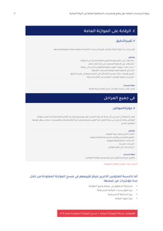 21 ‫اللبنانية‬ ‫الدولة‬ ‫في‬ ‫المالية‬ ‫الشفافية‬ ‫وممارسات‬ ‫واقع‬ ‫حول‬ ‫العامة‬ ‫السياسات‬ ‫ورقة‬
‫المراحل‬ ‫جميع‬ ‫في‬
‫العامة‬ ‫الموازنة‬ ‫على‬ ‫الرقابة‬ .4
‫ن‬ ّ‫يتضم‬
‫الحكومة‬ ‫عن‬ ‫الصادرة‬ ‫المالية‬ ‫التقارير‬ ‫وصوابية‬ ‫ة‬ ّ‫دق‬ ‫على‬ ‫مالحظات‬ •
‫العام‬ ‫المال‬ ‫إدارة‬ ‫في‬ ‫المعتمدة‬ ‫األنظمة‬ ‫على‬ ‫مالحظات‬ •
‫ترعاها‬ ‫التي‬ ‫األخرى‬ ‫والقوانين‬ ‫الموازنة‬ ‫قانون‬ ‫خروقات‬ ‫حاالت‬ ‫تحديد‬ •
‫ققة‬ّ‫د‬ ُ‫الم‬ ‫بالحسابات‬ ‫للرقابة‬ ‫العليا‬ ‫األجهزة‬ ‫رأي‬ ‫أبداء‬ •
‫التدقيق‬ ‫تقارير‬ ‫في‬ ‫تشخيصها‬ ّ‫تم‬ ‫التي‬ ‫المشاكل‬ ‫تصحيح‬ ‫بشأن‬ ‫توصيات‬ ‫تقديم‬ •
‫السابقة‬ ‫التقارير‬ ‫في‬ ‫المقترحة‬ ‫التوصيات‬ ‫تطبيق‬ ‫مدى‬ ‫ّع‬‫ب‬‫تت‬ •
‫ن‬ ّ‫يتضم‬
‫الموازنة‬ ‫دورة‬ ‫وصف‬ ‫الدليل‬ ‫أهداف‬ •
‫للحكومة‬ ‫المالية‬ ‫السياسة‬ ‫وأهداف‬ ‫االقتصادي‬ ‫الواقع‬ •
‫الموازنة‬ ‫وأرقام‬ ‫المالية‬ ‫الحسابات‬ •
‫الجديدة‬ ‫اإلجراءات‬ •
‫المواطن‬ ‫م‬ ّ‫ته‬ ‫التي‬ ‫الخدمات‬ ‫أبرز‬ •
‫إصداره‬ ‫مهلة‬
‫المالية‬ ‫السنة‬ ‫انتهاء‬ ‫تاريخ‬ ‫من‬ ً‫ا‬‫شهر‬ ‫عشرة‬ ‫ثماني‬ ‫ضمن‬
‫إصداره‬ ‫مهلة‬
»‫المواطن‬ ‫«موازنة‬ ‫موضع‬ ‫هو‬ ‫الذي‬ ‫التقرير‬ ‫إصدار‬ ‫مع‬ ‫بالتوازي‬
‫تها‬ ّ‫وصح‬ ‫شموليتها‬ ‫لجهة‬ ‫للحكومة‬ ‫الختامية‬ ‫للحسابات‬ ‫تقييم‬ ‫ن‬ ّ‫يتضم‬ ‫الرقابة‬ ‫أجهزة‬ ‫عن‬ ‫صادر‬ ‫تقرير‬
‫بموازنة‬ ‫ُعرف‬‫ي‬ ‫ما‬ ّ‫وعادة‬ ‫التقنية‬ ‫التقارير‬ ‫عن‬ ‫ط‬ ّ‫ومبس‬ ‫موجز‬ ‫تقرير‬ ‫المراحل‬ ‫هذه‬ ‫من‬ ‫مرحلة‬ ‫كل‬ ‫في‬ ‫تصدر‬ ‫أن‬ ‫للحكومة‬ ‫يمكن‬
‫فهمها‬ ‫ل‬ ّ‫يسه‬ ‫بشكل‬ ‫والتفسيرات‬ ‫والبيانات‬ ‫األرقام‬ ‫أبرز‬ ‫لعرض‬ ‫م‬ ّ‫مصم‬ ‫التقرير‬ ‫هذا‬ .‫اإلقرار‬ ‫مرحلة‬ ‫في‬ ‫يصدر‬ ‫ما‬ ً‫ا‬‫وغالب‬ ‫المواطن‬
‫العادي‬ ‫للمواطن‬
‫التدقيق‬‫تقرير‬.7
‫المواطن‬‫موازنة‬.8
‫المفتوحة‬ ‫الموازنة‬ ‫مؤشر‬ :4 ‫رقم‬ ‫الجدول‬
»2017 ‫لعام‬ ‫المفتوحة‬ ‫الموازنة‬ ‫مسح‬ « ،‫الدولية‬ ‫الموازنة‬ ‫شراكة‬ :‫المصادر‬
‫خالل‬ ‫من‬ ‫المفتوحة‬ ‫الموازنة‬ ‫مسح‬ ‫في‬ ‫تقييمهم‬ ّ‫فيتم‬ ‫اآلخرين‬ ‫للمكونين‬ ‫بالنسبة‬ ‫أما‬
:‫ضمنها‬ ‫من‬ ‫مؤشرات‬ ‫عدة‬
•	‫الموازنة؛‬ ‫وضع‬ ‫عملية‬ ‫في‬ ‫الجمهور‬ ‫مشاركة‬
•	‫المستقلة؛‬ ‫المالية‬ ‫المؤسسات‬ ‫دور‬
•	‫التشريعية؛‬ ‫السلطة‬ ‫دور‬
•	.‫الرقابة‬ ‫أجهزة‬ ‫دور‬
 