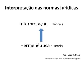 Interpretação das normas jurídicasInterpretação – TécnicaHermenêutica - TeoriaTacio Lacerda Gamawww.parasaber.com.br/taciolacerdagama