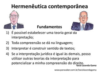 Hermenêutica contemporâneaFundamentosÉ possível estabelecer uma teoria geral da interpretação;Toda compreensão se dá na linguagem;Interpretar é construir sentido de textos;Se a interpretação jurídica é igual às demais, posso utilizar outras teorias da interpretação para potencializar a minha compreensão do direito.Tacio Lacerda Gamawww.parasaber.com.br/taciolacerdagama