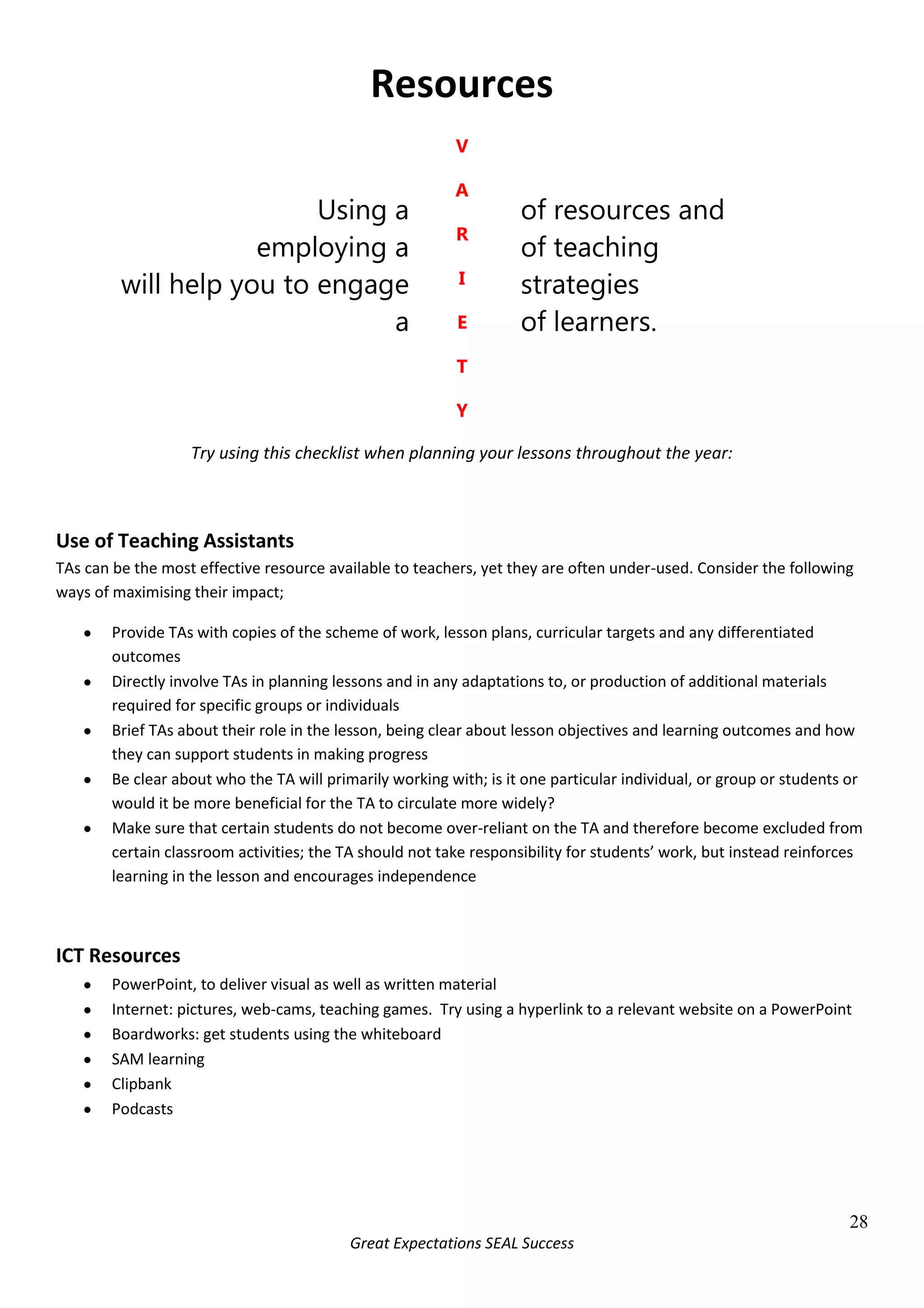 Talk to students about how they are learning, as well as what they are learning. For example, in plenaries, ask students what helped them learn best in the lesson. As students build up a better understanding of their own learning preferences, their learning should become more efficient.Teaching and learning activities may include:<br />Use of learning resources at more than one level of difficulty. <br />Mixed ability group work where more confident learners can provide peer support to fellow learners.<br />Group work at different levels where activities are simplified (e.g. in terms of language or content) for some groups and extended for others. <br />Tasks where some learners are given more support than others. For example, different levels of scaffolding can be provided for written work. <br />‘Discovery learning’ or personal research where learners can learn more at their own pace. <br />Additional learning support for individuals or small groups. <br />Careful, ‘no hands up’ questioning where different questions are directed at individuals depending on their particular strengths and weaknesses<br />Differentiating for SEN Students*<br />The table below offers some tips from the SEN department for differentiation for teaching SEN students. It is based on the ‘LEARN’ model. Note that many of these tips apply to all students, regardless of whether they are on the SEN register or not. <br />Learning stylesEnsure that you address a range of learning styles within lessons in order to better motivate students and give them the best chance of success.Enlarge textWhen creating worksheets use; 14 or 16 font and  Arial or Comic Sans fonts Pale yellow or pale green paperHighlighted or underlined key wordsClear spacing and keep large chunks of text to a minimum. Use the same principles when preparing PowerPoints and using whiteboards. Also, remember to use writing frames and scaffolding techniques.AfL  Use a range of AfL strategies to ensure learners have a clear understanding of their levels and targets. Ensure that students are given short achievable tasks and regular, constructive and positive feedback. Peer support and assessment is essential, so think carefully about classroom organisation.    Reading agesUse reading ages, SEN, EAL and G&T data to inform your planning. It is essential you know your students’ needs. Consult SEN information and individual Pupil Profiles in order to give you useful strategies to support your students. Use HLTAs and TAs to help you devise differentiated tasks. Never assumeEnsure you regularly check understanding of key vocabulary, concepts, tasks, homework and that students know what they need to do to improve. Never be afraid to revisit work. Ensure tasks are accurately tailored to the learning levels of the individual students within the class. Remember – ‘One size does not fit all!’ <br />Differentiating for EAL Students*<br />Ten Top Tips for EAL Students (from the EAL department)<br />LESSON OBJECTIVES: Keep the wording of the objectives as simple as possible.<br />THE BOTTOM LINE: What is the really crucial bit of your lesson that students can’t afford to miss? How can you get this across? Can you let other areas of the lesson go?<br />VISUALS: Consider your lesson materials. Can you use pictures/maps/diagrams to get key points across? Can you demonstrate rather than describe? <br />KEY WORDS: Make a short list of key words for your lesson. Have them on display. Let your EAL TA know what they are in advance.<br />SIMPLE TEXT: Keep information-giving text (e.g. text displayed on whiteboards and displays) as simple as possible. Read it through before the lesson. Could you use simpler words and shorter sentences?<br />PAIRS: try pairing students with the same first language together. Ask them to explain difficult points and share use of dictionaries.<br />REPEATING: Ask English speakers to paraphrase or summarise key points to the class, giving students with little English another chance to understand. <br />SAMPLE WORK: Show a sample of what a successfully completed task should look like. Students with limited English then know what they are trying to achieve.<br />FIRST LANGUAGE: Consider asking students to do writing/response tasks in their first language. It will give them confidence, and you will get an idea of how much they can understand in general. They or another student can translate afterwards. <br />HOMEWORK: Set homework, but make it achievable. If the rest of the class has a writing task, can the EAL student produce a picture or a list of key words instead?<br />Differentiating for Gifted and Talented Students*<br />Ten Top Tips for G&T Students (from the G&T Co-ordinator)The lower levels of Bloom’s Taxonomy will usually be far easier for G&T students – make sure you are using higher level questions, tasks and lesson objectives (evaluation, synthesis and analysis)<br />Negotiated objectives – different ones for G&T students, discussed with them