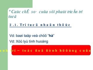 * Caùc chæ soá cuûa söï phaùt trieån trí tueä 2.1. Trí tueä nhaän thöùc Vd: baøi taäp veà chöõ “ hà ” Vd: Xöû lyù tình huoáng - Nhanh trí – toác ñoä ñònh höôùng cuûa trí tueä   