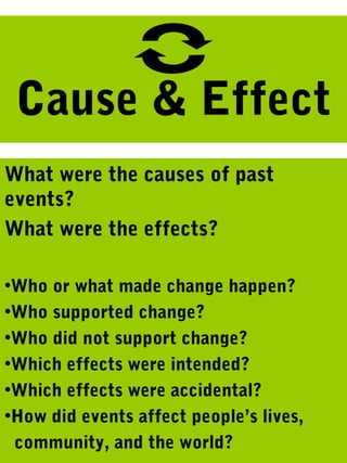 Cause & Effect
What were the causes of past
events?
What were the effects?
•Who or what made change happen?
•Who supported change?
•Who did not support change?
•Which effects were intended?
•Which effects were accidental?
•How did events affect people’s lives,
community, and the world?
 