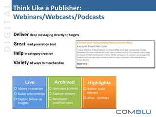 DIGITAL

Think Like a Publisher:
Webinars/Webcasts/Podcasts
Deliver deep messaging directly to targets
Great lead generation tool
Help in category creation
Variety of ways to merchandise

 