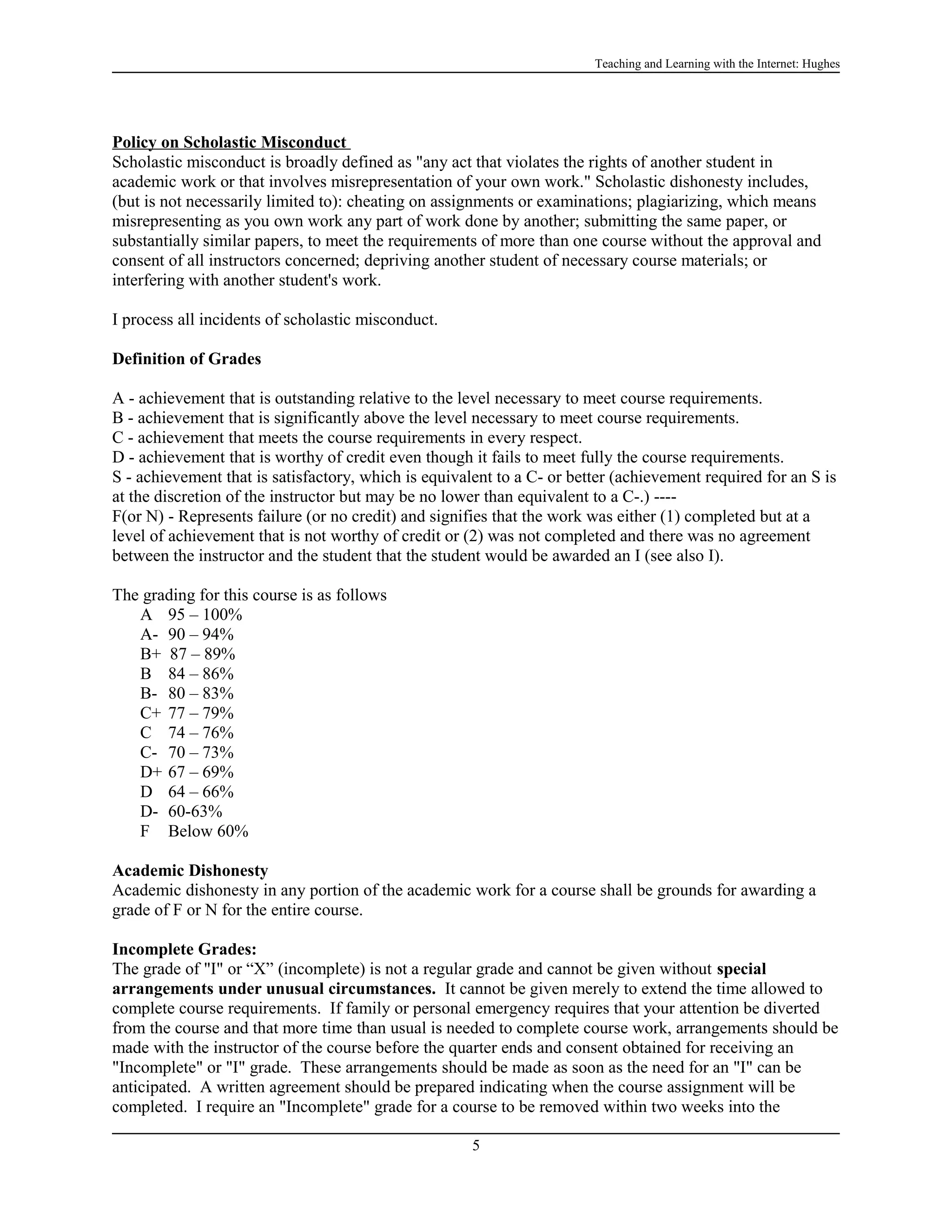Teaching and Learning with the Internet: Hughes

Policy on Scholastic Misconduct
Scholastic misconduct is broadly defined as "any act that violates the rights of another student in
academic work or that involves misrepresentation of your own work." Scholastic dishonesty includes,
(but is not necessarily limited to): cheating on assignments or examinations; plagiarizing, which means
misrepresenting as you own work any part of work done by another; submitting the same paper, or
substantially similar papers, to meet the requirements of more than one course without the approval and
consent of all instructors concerned; depriving another student of necessary course materials; or
interfering with another student's work.
I process all incidents of scholastic misconduct.
Definition of Grades
A - achievement that is outstanding relative to the level necessary to meet course requirements.
B - achievement that is significantly above the level necessary to meet course requirements.
C - achievement that meets the course requirements in every respect.
D - achievement that is worthy of credit even though it fails to meet fully the course requirements.
S - achievement that is satisfactory, which is equivalent to a C- or better (achievement required for an S is
at the discretion of the instructor but may be no lower than equivalent to a C-.) ---F(or N) - Represents failure (or no credit) and signifies that the work was either (1) completed but at a
level of achievement that is not worthy of credit or (2) was not completed and there was no agreement
between the instructor and the student that the student would be awarded an I (see also I).
The grading for this course is as follows
A 95 – 100%
A- 90 – 94%
B+ 87 – 89%
B 84 – 86%
B- 80 – 83%
C+ 77 – 79%
C 74 – 76%
C- 70 – 73%
D+ 67 – 69%
D 64 – 66%
D- 60-63%
F Below 60%
Academic Dishonesty
Academic dishonesty in any portion of the academic work for a course shall be grounds for awarding a
grade of F or N for the entire course.
Incomplete Grades:
The grade of "I" or “X” (incomplete) is not a regular grade and cannot be given without special
arrangements under unusual circumstances. It cannot be given merely to extend the time allowed to
complete course requirements. If family or personal emergency requires that your attention be diverted
from the course and that more time than usual is needed to complete course work, arrangements should be
made with the instructor of the course before the quarter ends and consent obtained for receiving an
"Incomplete" or "I" grade. These arrangements should be made as soon as the need for an "I" can be
anticipated. A written agreement should be prepared indicating when the course assignment will be
completed. I require an "Incomplete" grade for a course to be removed within two weeks into the
5

 