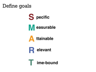 Deﬁne goals
S	

M	

A	

R	

T	

peciﬁc	

easurable	

ttainable	

elevant	

ime-bound	

 