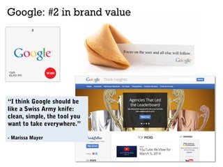 Google: #2 in brand value
“I think Google should be
like a Swiss Army knife:
clean, simple, the tool you
want to take everywhere.”
- Marissa Mayer
 