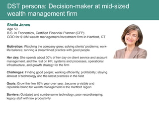 DST persona: Decision-maker at mid-sized
wealth management firm
Sheila Jones	

Age 50	

B.S. in Economics, Certiﬁed Financial Planner (CFP)	

COO for $10M wealth management/investment ﬁrm in Hartford, CT	

	

	

	

	

	

Motivation: Watching the company grow; solving clients’ problems; work-
life balance; running a streamlined practice with good people	

	

Her day: She spends about 30% of her day on client service and account
management, and the rest on HR, systems and processes, operational
infrastructure, and growth strategy for the ﬁrm	

	

Challenges: Finding good people; working efﬁciently; proﬁtability; staying
abreast of technology and the latest practices in the ﬁeld	

	

Goals: Grow the ﬁrm 10% year over year; become a visible and
reputable brand for wealth management in the Hartford region	

	

Barriers: Outdated and cumbersome technology; poor recordkeeping;
legacy staff with low productivity	

 