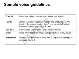 Sample voice guidelines
Trusted We’re here to help, not sell; give advice, not a pitch.
Human Language is conversational, friendly and encouraging. We
speak in the second person (“you”) and use plain English.
Business and industry jargon is OUT.
Genuine We don’t use unauthentic slang to sound trendy.
Smart We’re informal but informed, intelligent but not overly clever.
Empathetic We know this purchase is a big deal. Our positive, descriptive
language shows it.
 