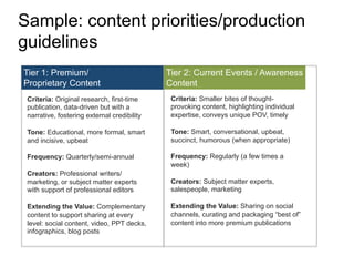 Sample: content priorities/production
guidelines
Tier 1: Premium/
Proprietary Content
Criteria: Original research, first-time
publication, data-driven but with a
narrative, fostering external credibility
Tone: Educational, more formal, smart
and incisive, upbeat
Frequency: Quarterly/semi-annual
Creators: Professional writers/
marketing, or subject matter experts
with support of professional editors
Extending the Value: Complementary
content to support sharing at every
level: social content, video, PPT decks,
infographics, blog posts
Tier 2: Current Events / Awareness
Content
Criteria: Smaller bites of thought-
provoking content, highlighting individual
expertise, conveys unique POV, timely
Tone: Smart, conversational, upbeat,
succinct, humorous (when appropriate)
Frequency: Regularly (a few times a
week)
Creators: Subject matter experts,
salespeople, marketing
Extending the Value: Sharing on social
channels, curating and packaging “best of”
content into more premium publications
 