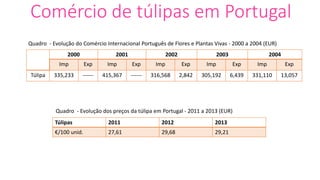 Comércio de túlipas em Portugal
Túlipas 2011 2012 2013
€/100 unid. 27,61 29,68 29,21
2000 2001 2002 2003 2004
Imp Exp Imp Exp Imp Exp Imp Exp Imp Exp
Túlipa 335,233 ------ 415,367 ------ 316,568 2,842 305,192 6,439 331,110 13,057
Quadro - Evolução do Comércio Internacional Português de Flores e Plantas Vivas - 2000 a 2004 (EUR)
Quadro - Evolução dos preços da túlipa em Portugal - 2011 a 2013 (EUR)
 