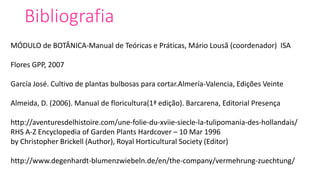 MÓDULO de BOTÂNICA-Manual de Teóricas e Práticas, Mário Lousã (coordenador) ISA
Flores GPP, 2007
García José. Cultivo de plantas bulbosas para cortar.Almería-Valencia, Edições Veinte
Almeida, D. (2006). Manual de floricultura(1ª edição). Barcarena, Editorial Presença
http://aventuresdelhistoire.com/une-folie-du-xviie-siecle-la-tulipomania-des-hollandais/
RHS A-Z Encyclopedia of Garden Plants Hardcover – 10 Mar 1996
by Christopher Brickell (Author), Royal Horticultural Society (Editor)
http://www.degenhardt-blumenzwiebeln.de/en/the-company/vermehrung-zuechtung/
Bibliografia
 